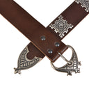 Broad medieval belt with strap tongue and fittings, 12th century, brown leather, silver plated brass