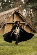 Medieval cloak with hood, black, wool mix