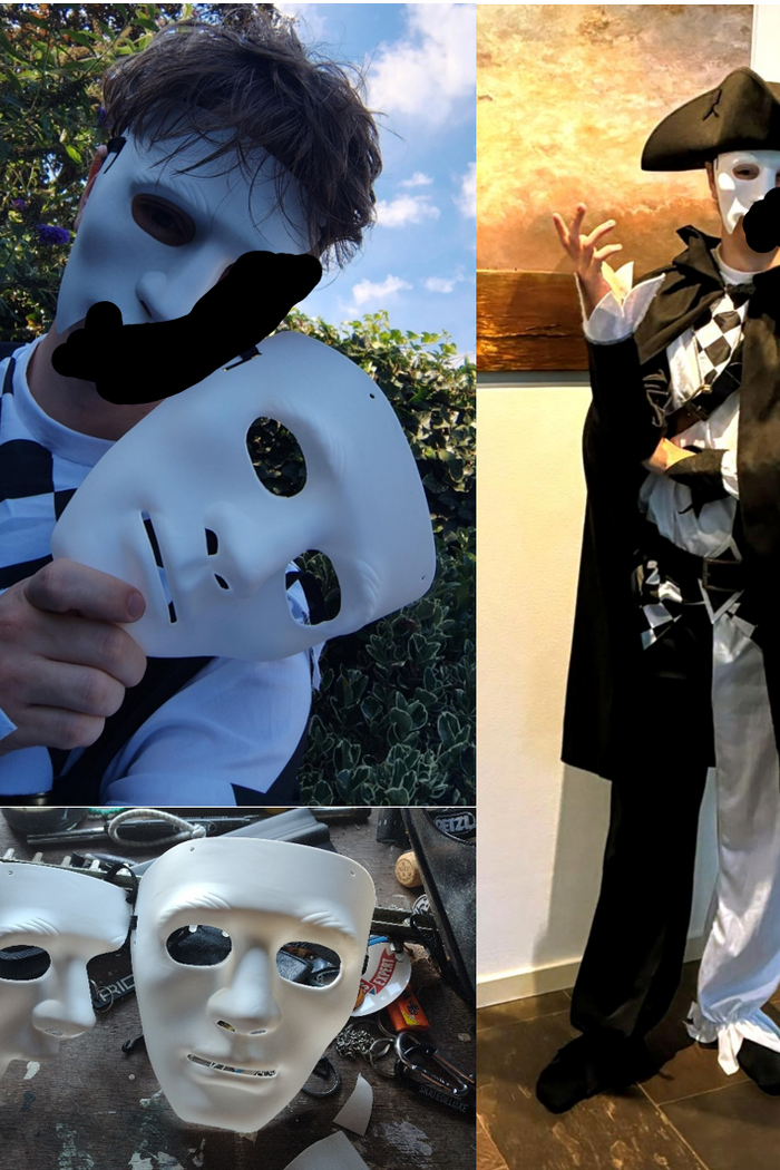 Black-and-white Harlequin outfit with a tricorne, cloak and half mask, inspired by the Venetian Carnival