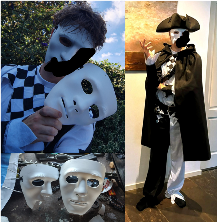 Black-and-white Harlequin outfit with a tricorne, cloak and half mask, inspired by the Venetian Carnival