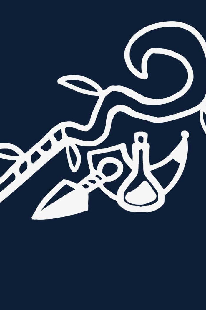 Een tekening van een wandelstok, roephoorn, werpmes en toverdrankfles.