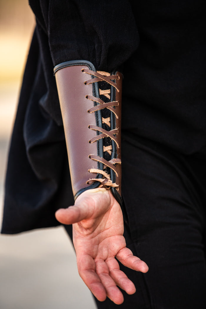 Vegvisir leather bracers, underarm guards, brown