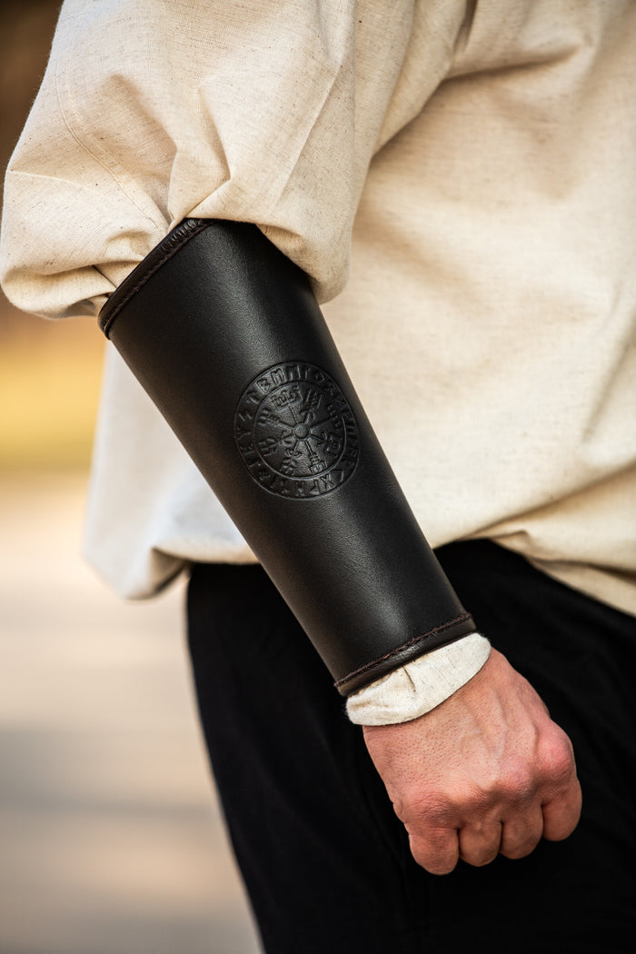 Vegvisir leather bracers, underarm guards, black