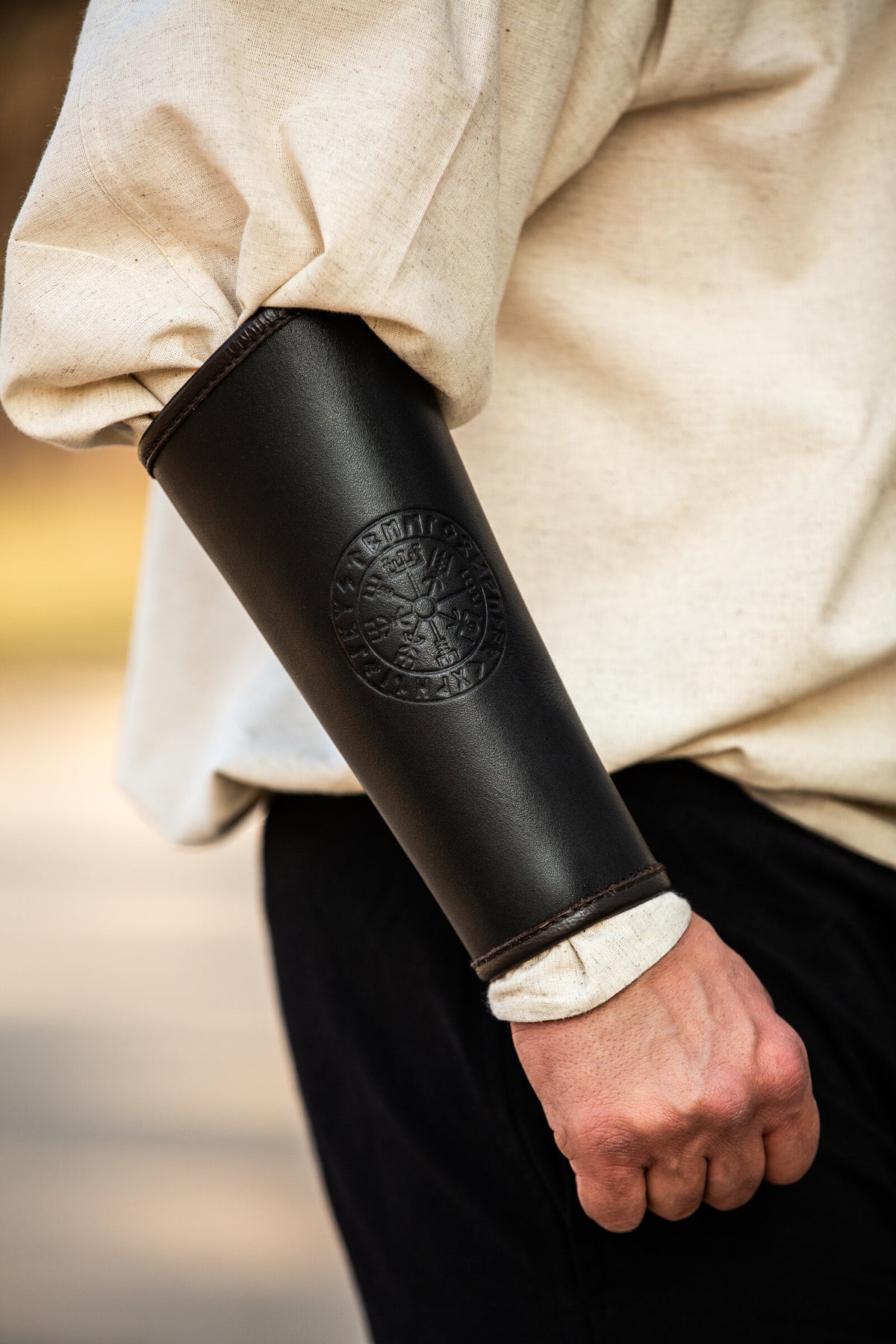 Vegvisir leather bracers, underarm guards, black