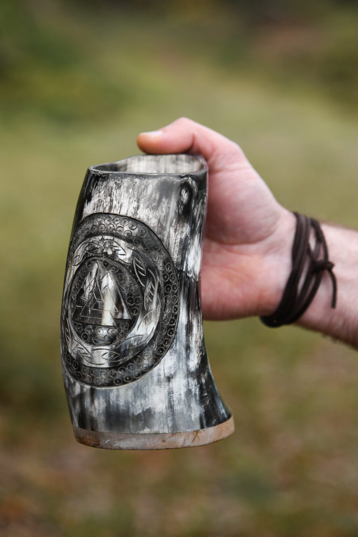 Horn beer mug Valknut detail carving