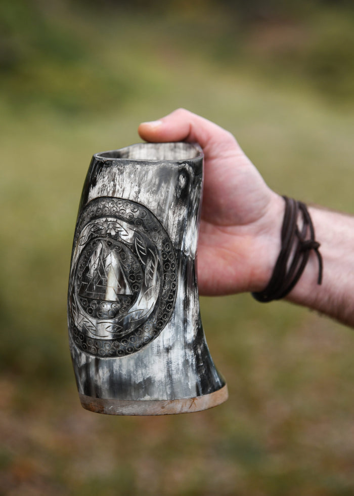 Horn beer mug Valknut detail carving