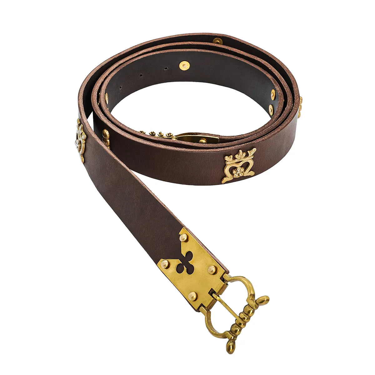 Medieval learning belt with brass fittings (14th-15th century), cognac brown