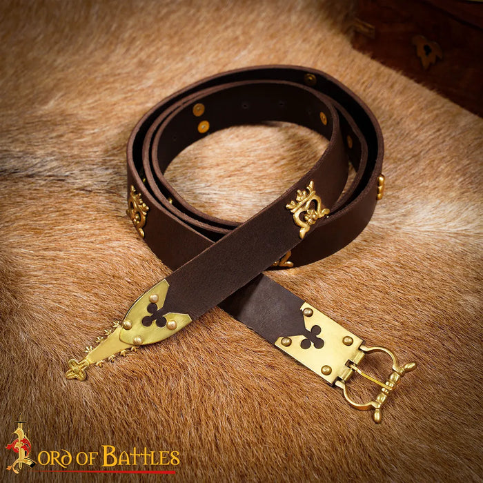 Medieval learning belt with brass fittings (14th-15th century), cognac brown