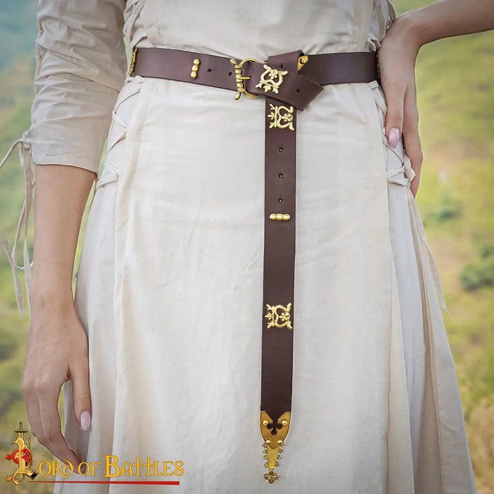 Medieval learning belt with brass fittings (14th-15th century), cognac brown