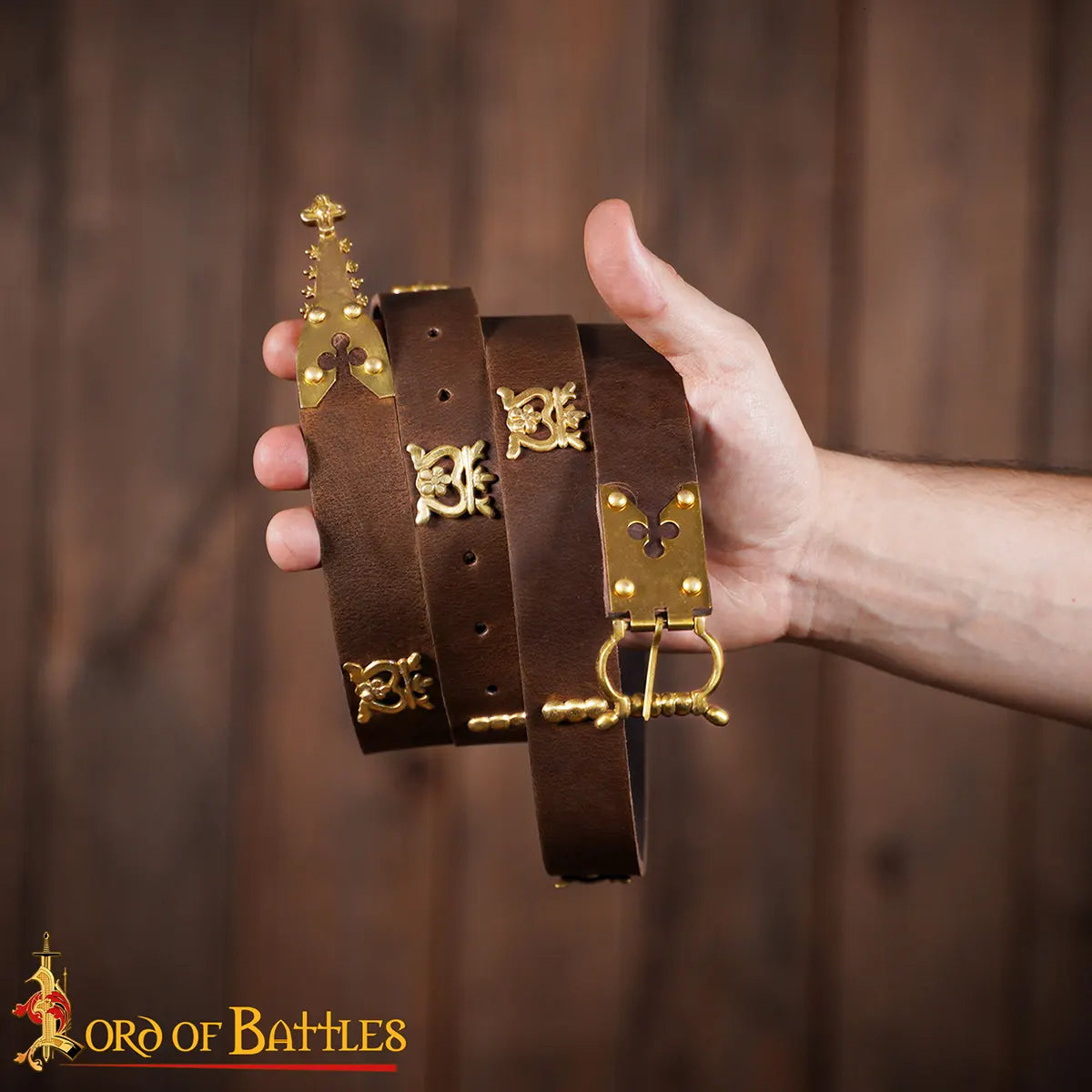 Medieval learning belt with brass fittings (14th-15th century), cognac brown