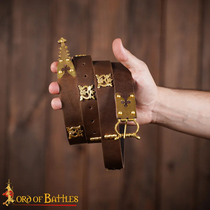 Medieval learning belt with brass fittings (14th-15th century), cognac brown