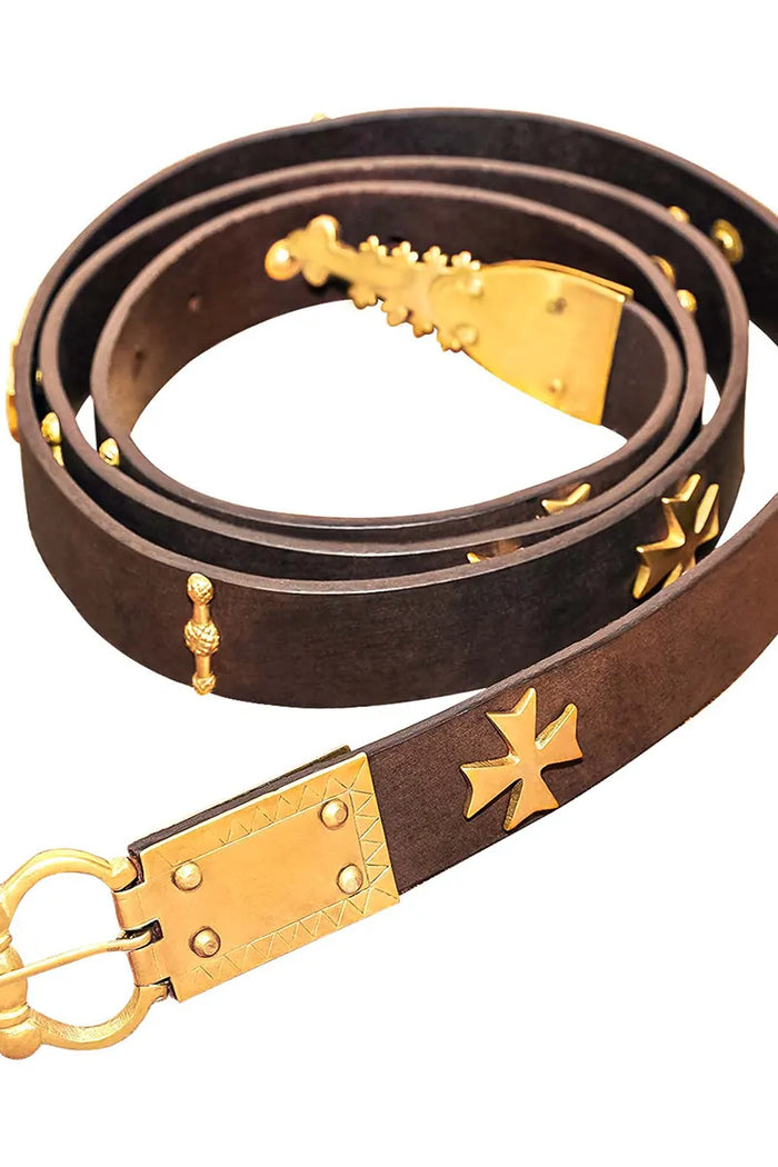 Medieval learning belt with brass batter, brown