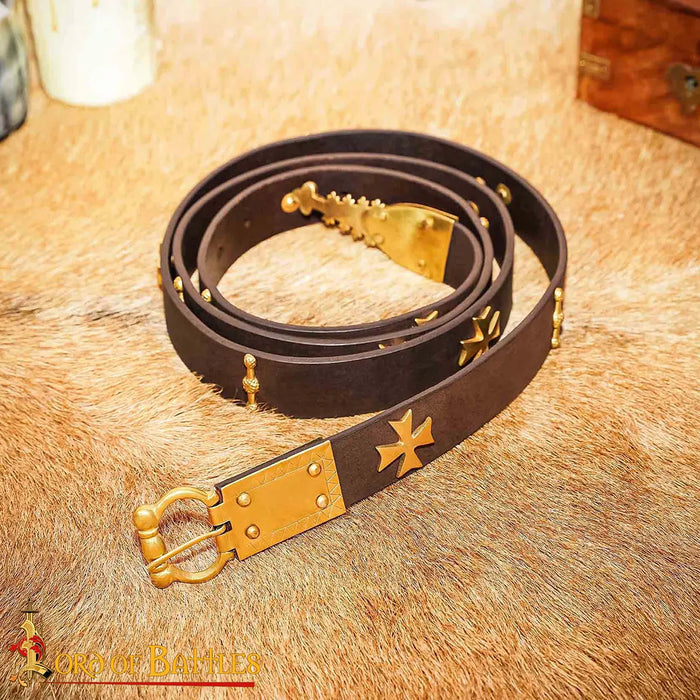 Medieval learning belt with brass batter, brown