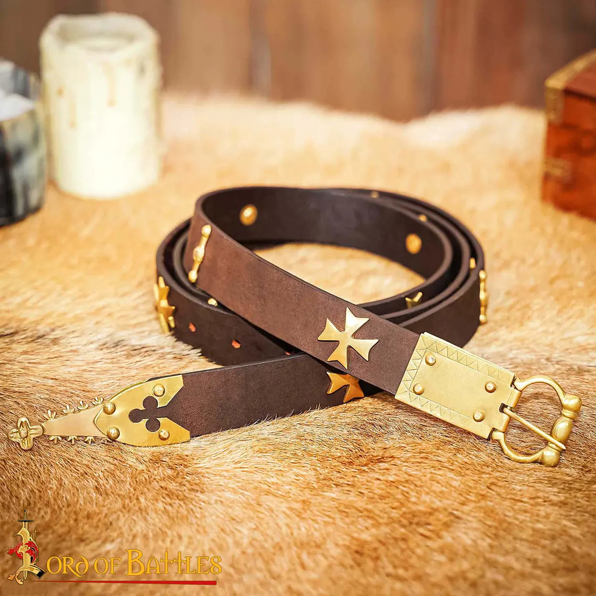 Medieval learning belt with brass batter, brown