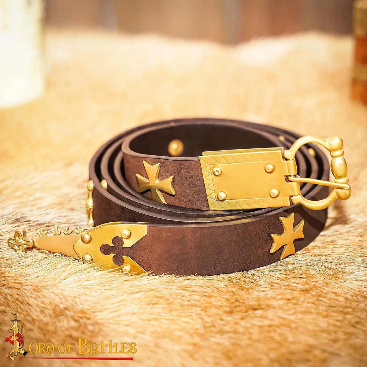 Medieval learning belt with brass batter, brown