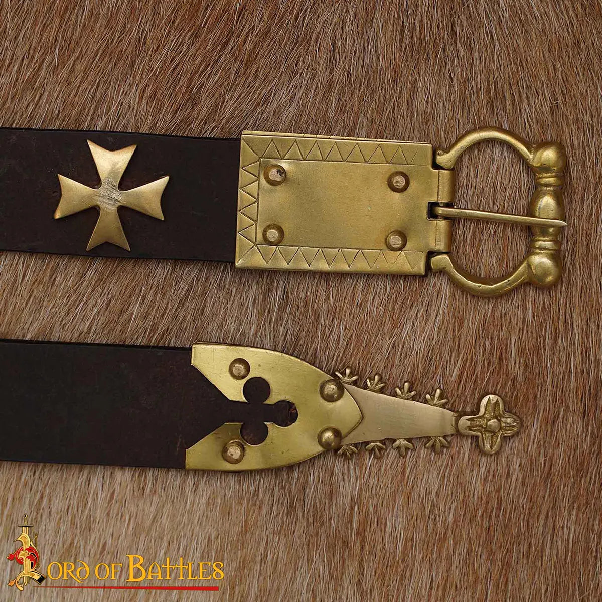 Medieval learning belt with brass batter, brown