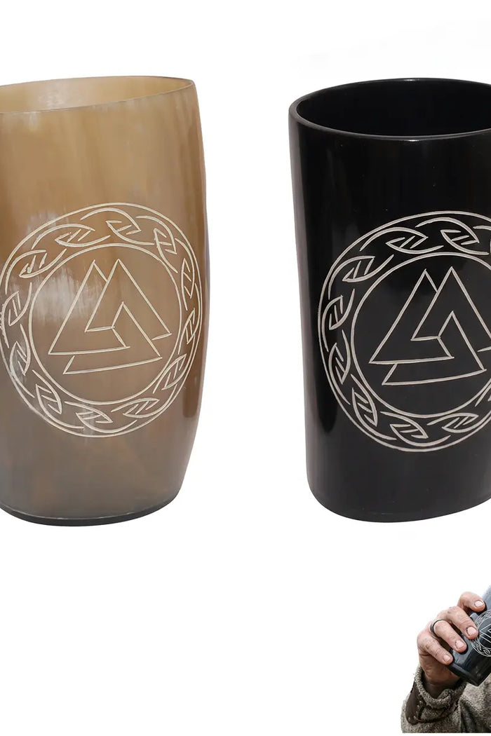 Viking horn cup set with Valknut engraving, set of 2