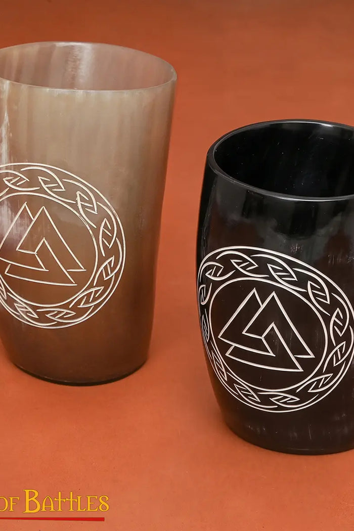Viking horn cup set with Valknut engraving, set of 2