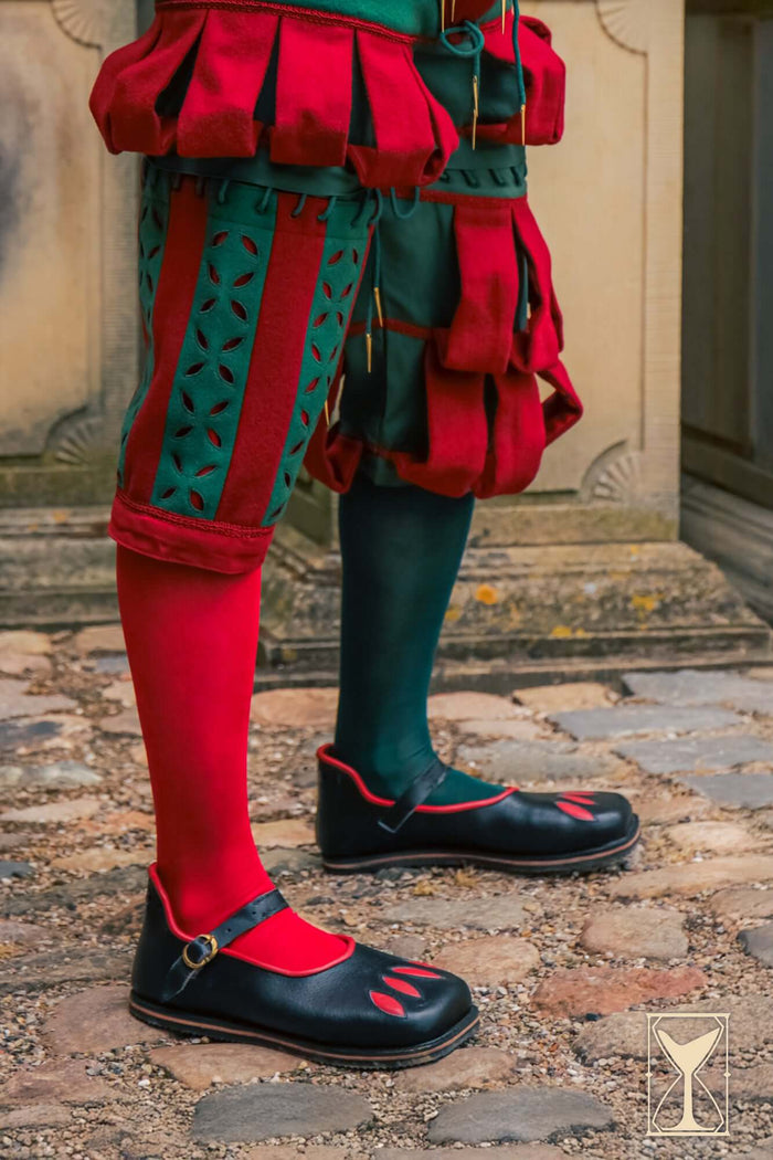 Landsknechtschoenen, breedbek schoenen, zwart-rood