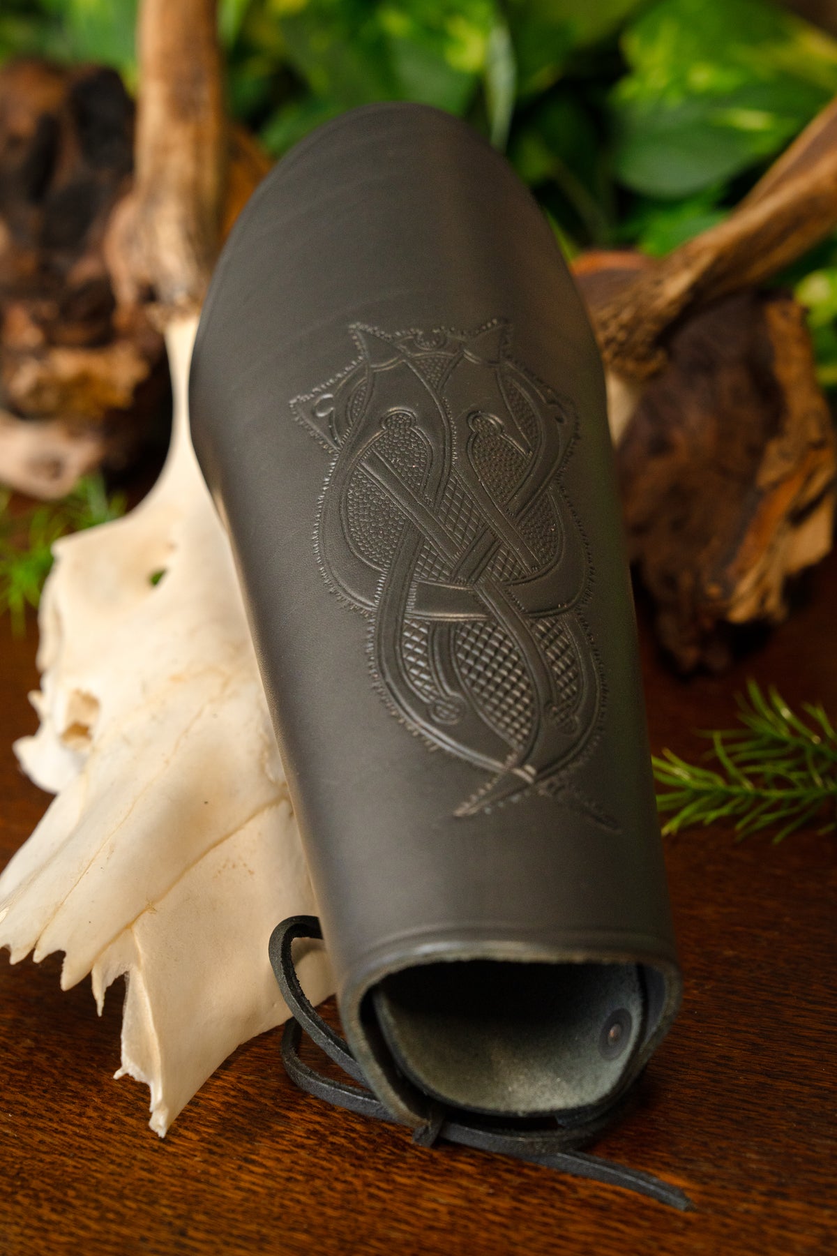 Leather bracer with Viking motif L, underarm guard, black