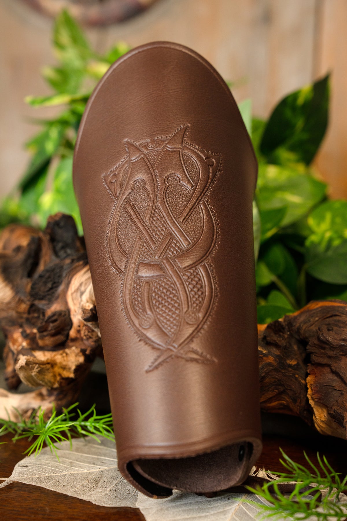 Leather bracer with Viking motif L, underarm guard, brown