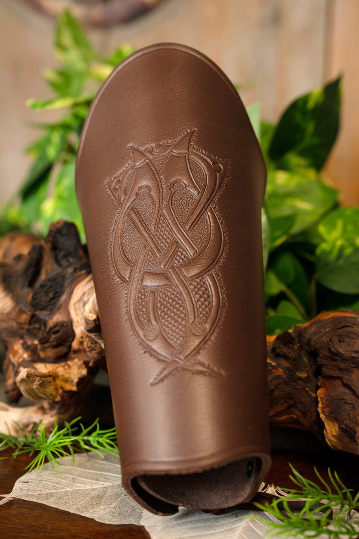 Leather bracer with Viking motif L, underarm guard, brown