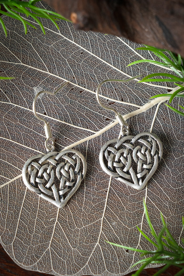 Earrings with Celtic heart, silvered bronze