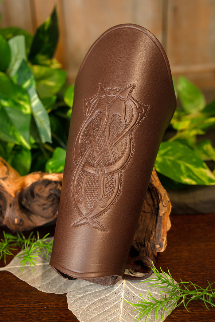 Leather bracer with Viking motif L, underarm guard, brown