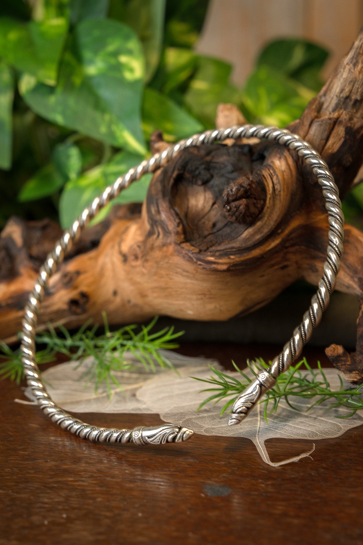 Viking torque with raven heads, silvered bronze