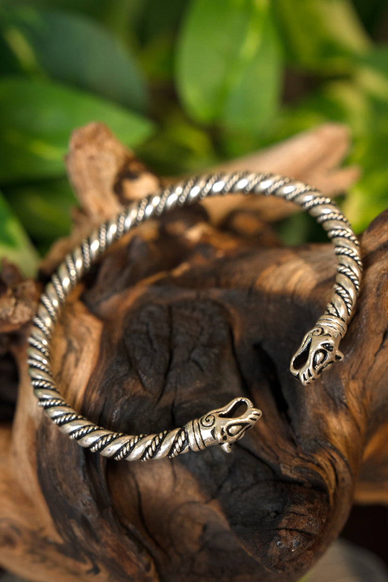 Viking bracelet with wolf heads, silvered bronze