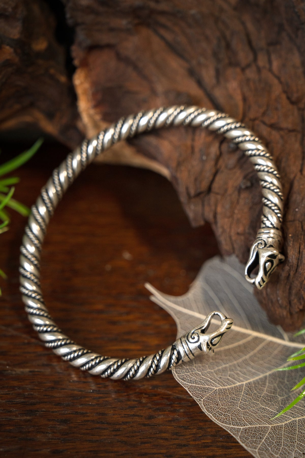 Viking bracelet with wolf heads, silvered bronze