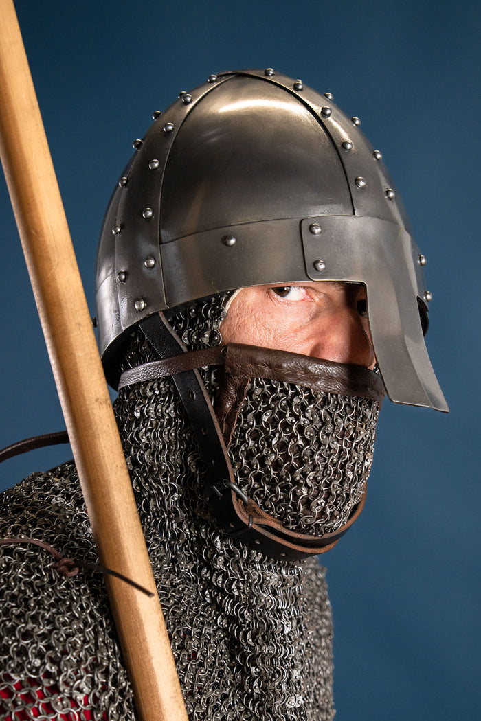 Chainmail coif with square ventail, round rings riveted, 8 mm