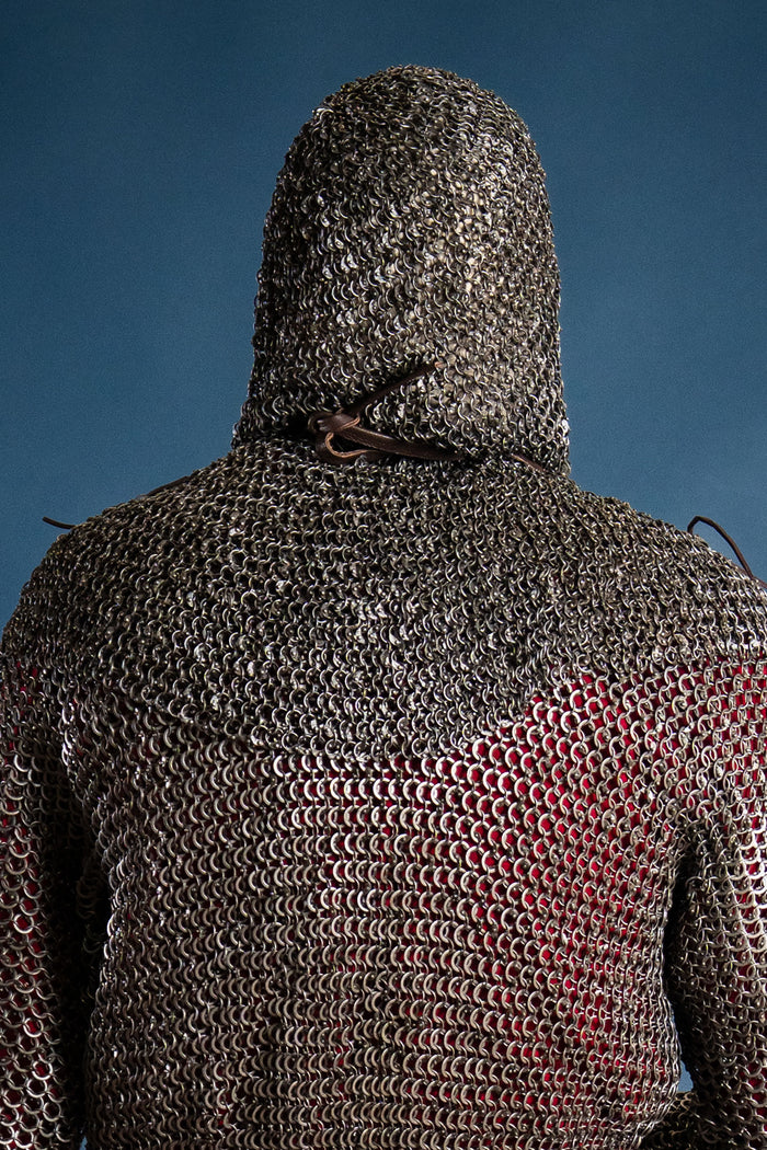Chainmail coif with square ventail, round rings riveted, 8 mm
