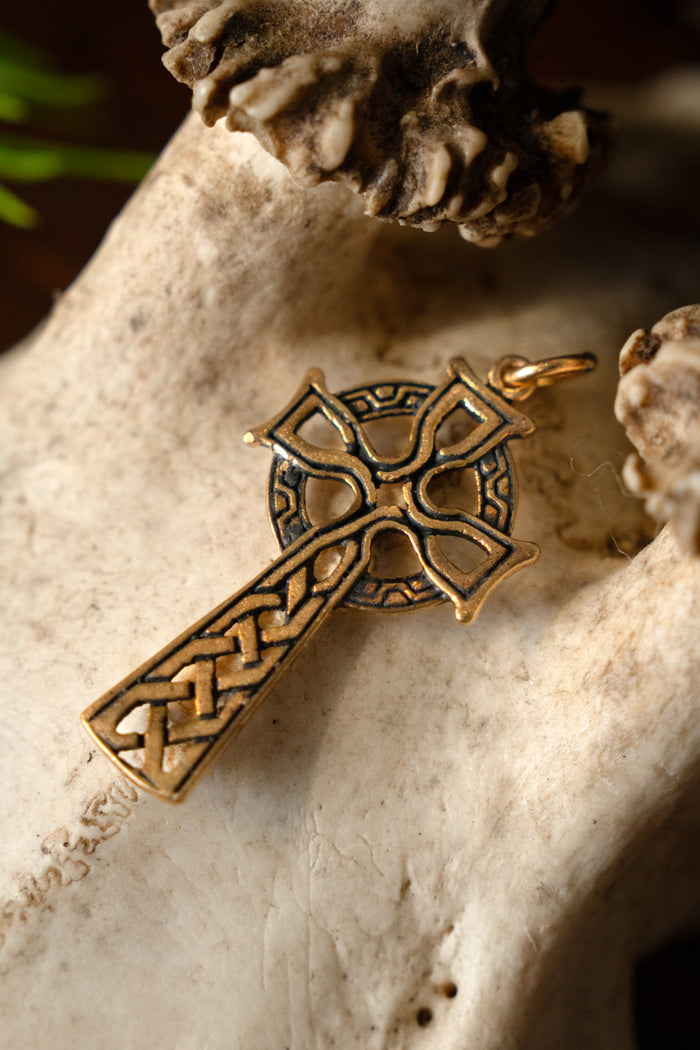 Celtic cross amulet, bronze