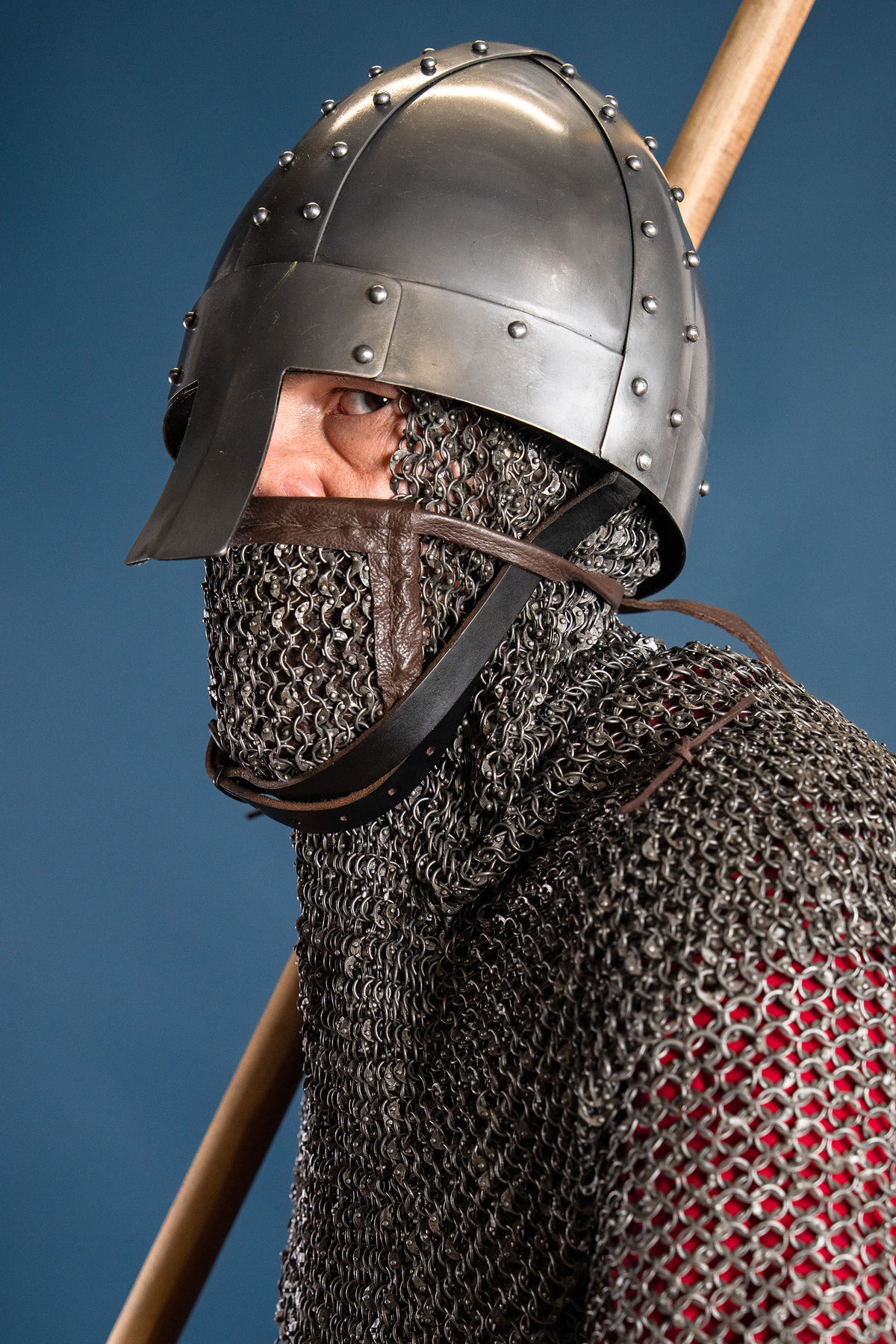 Chainmail coif with square ventail, round rings riveted, 8 mm