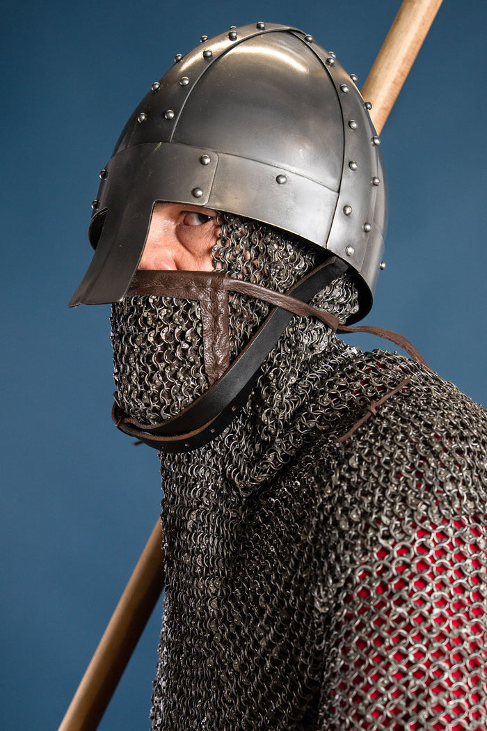 Chainmail coif with square ventail, round rings riveted, 8 mm