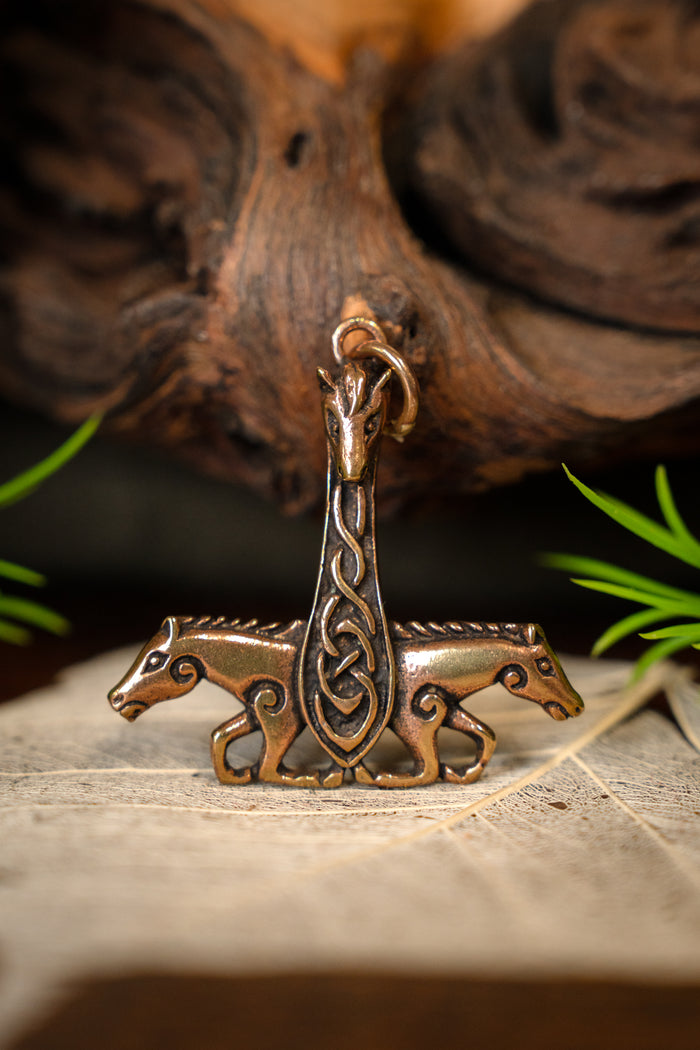 Viking Thor's hammer with horses, bronze