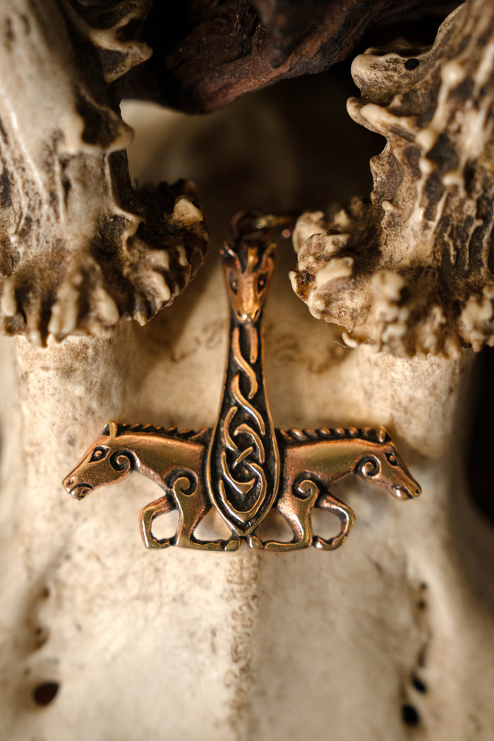 Viking Thor's hammer with horses, bronze