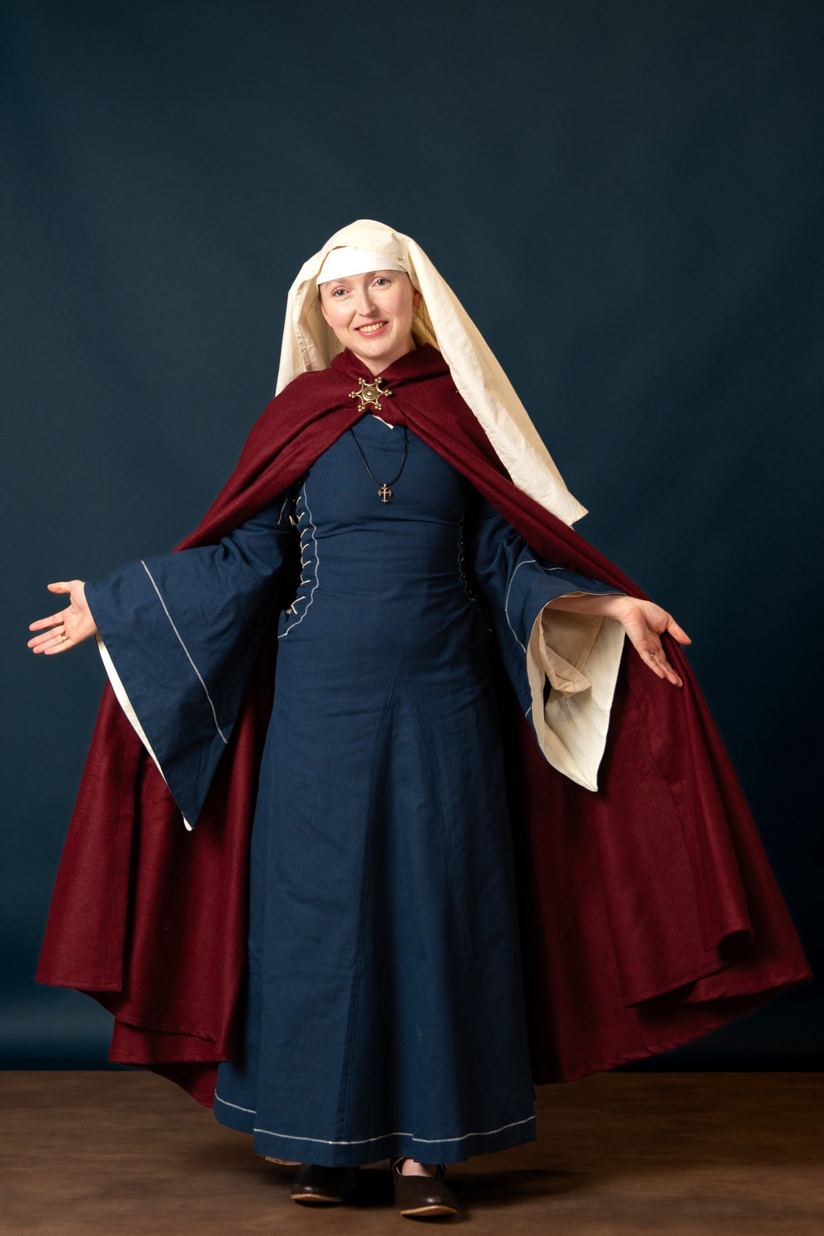 Medieval cloak with hood, red, wool mix