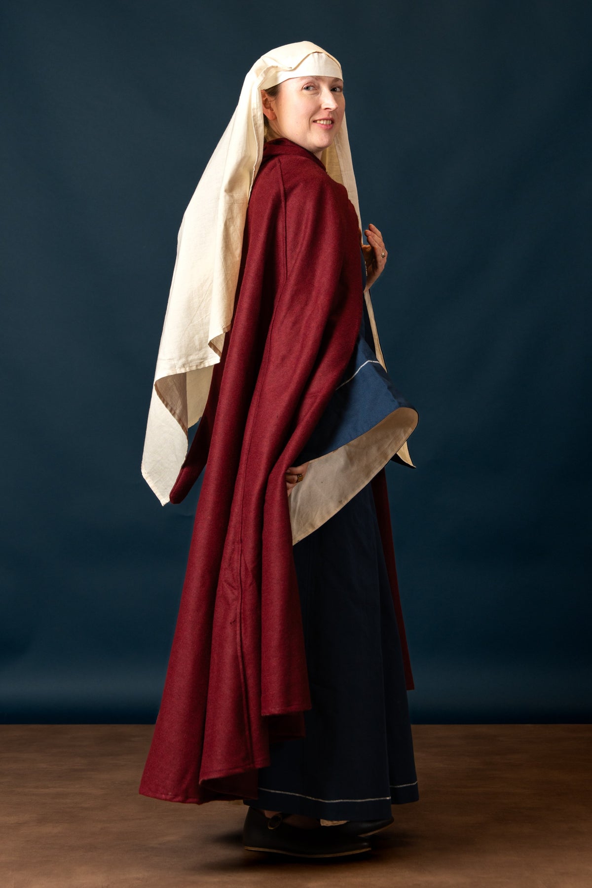 Medieval cloak with hood, red, wool mix