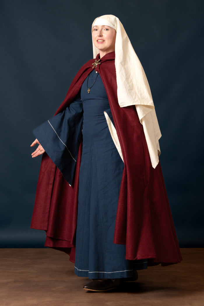 Medieval cloak with hood, red, wool mix