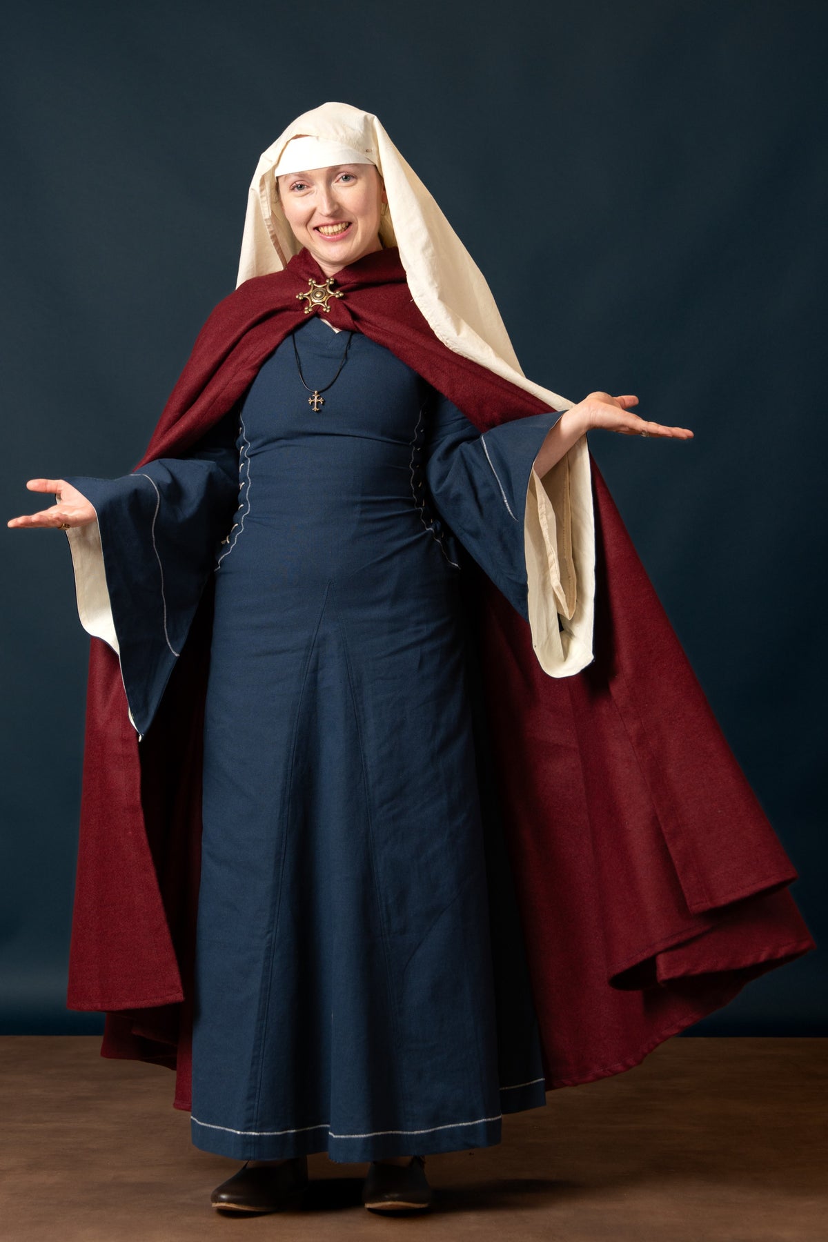 Medieval cloak with hood, red, wool mix