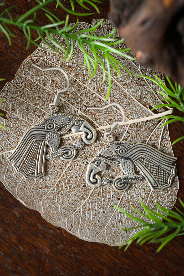 Earrings Germanic raven, silvered bronze