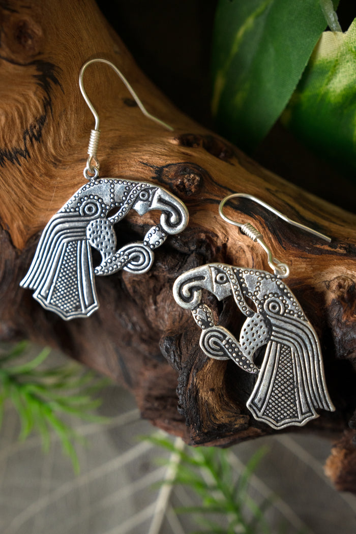 Earrings Germanic raven, silvered bronze