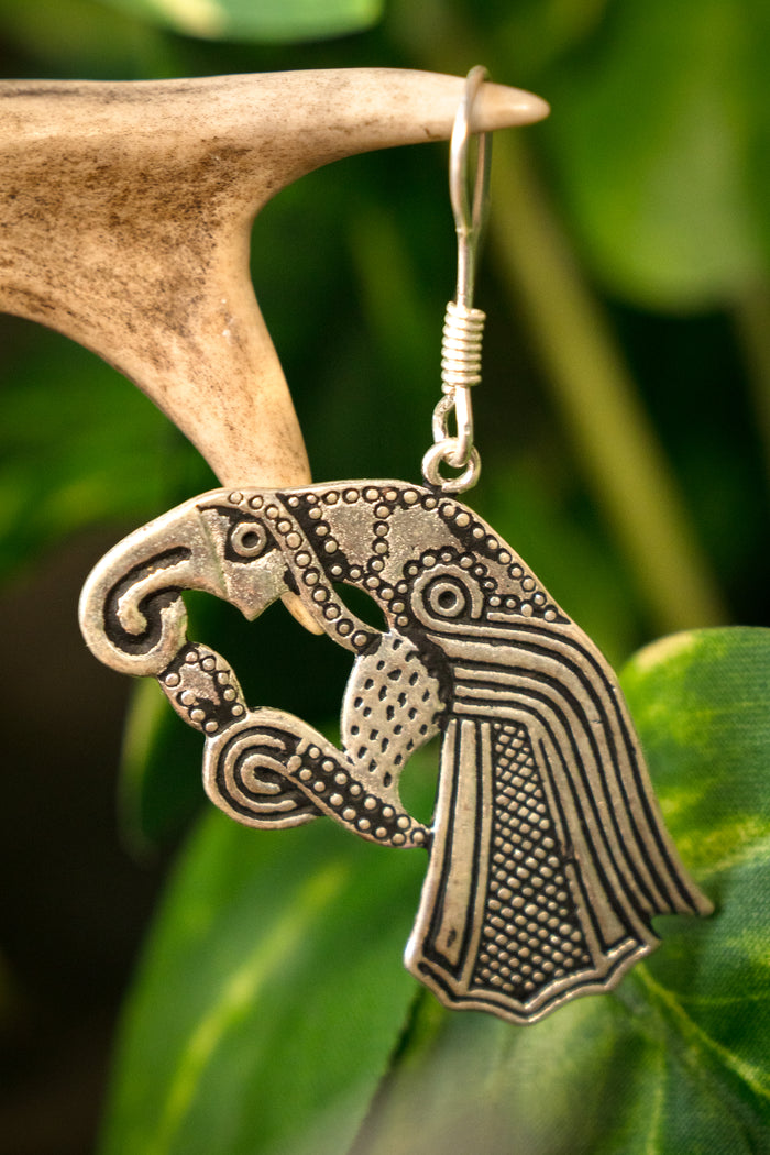 Earrings Germanic raven, silvered bronze