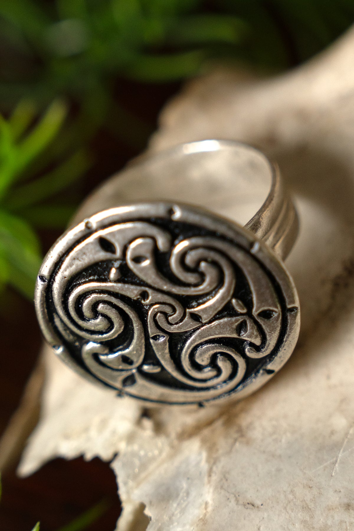 Celtic ring with triskelion, silvered bronze