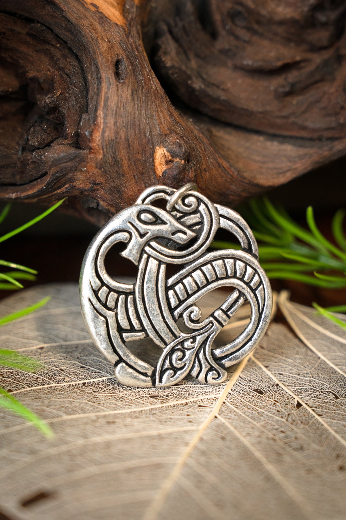 Viking dragon pendant, silvered bronze