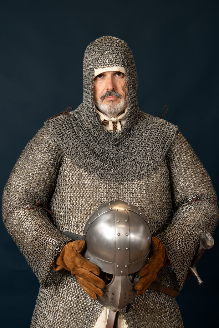 Chainmail coif with square neck, untreated, round rings riveted, 8 mm