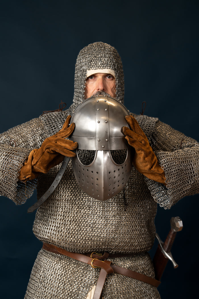 Chainmail coif with square neck, untreated, round rings riveted, 8 mm