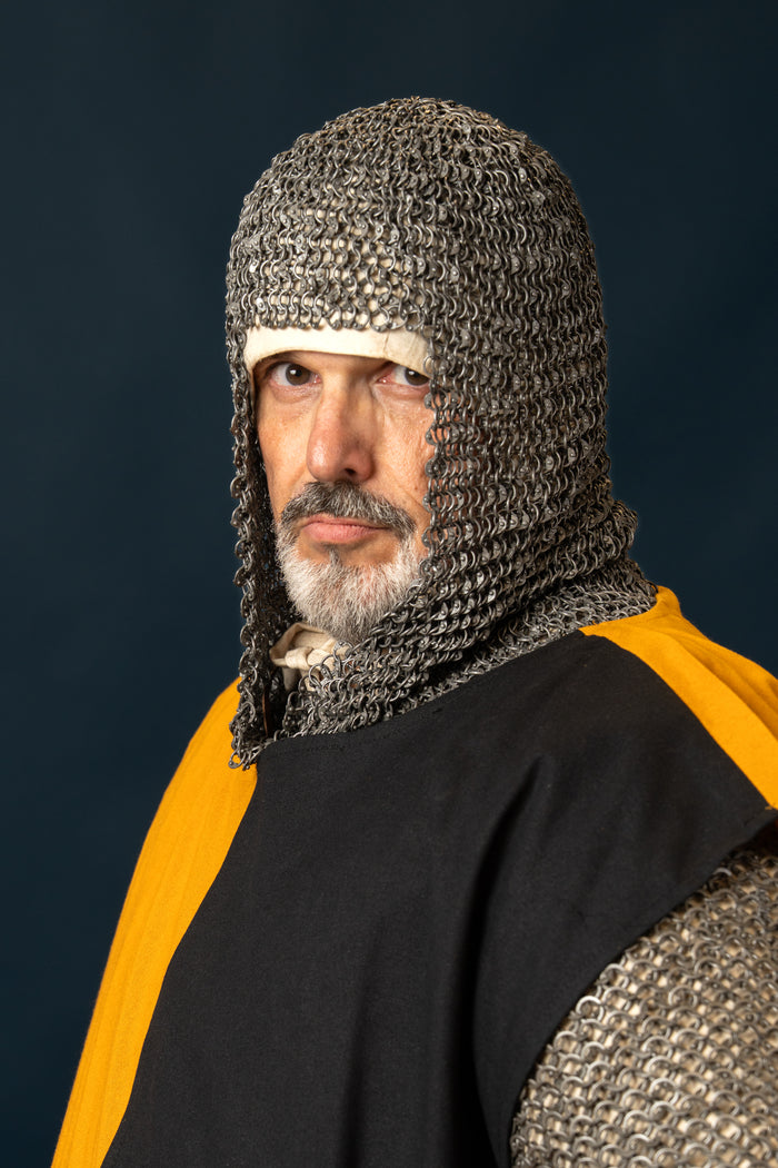 Chainmail coif with square neck, untreated, round rings riveted, 8 mm